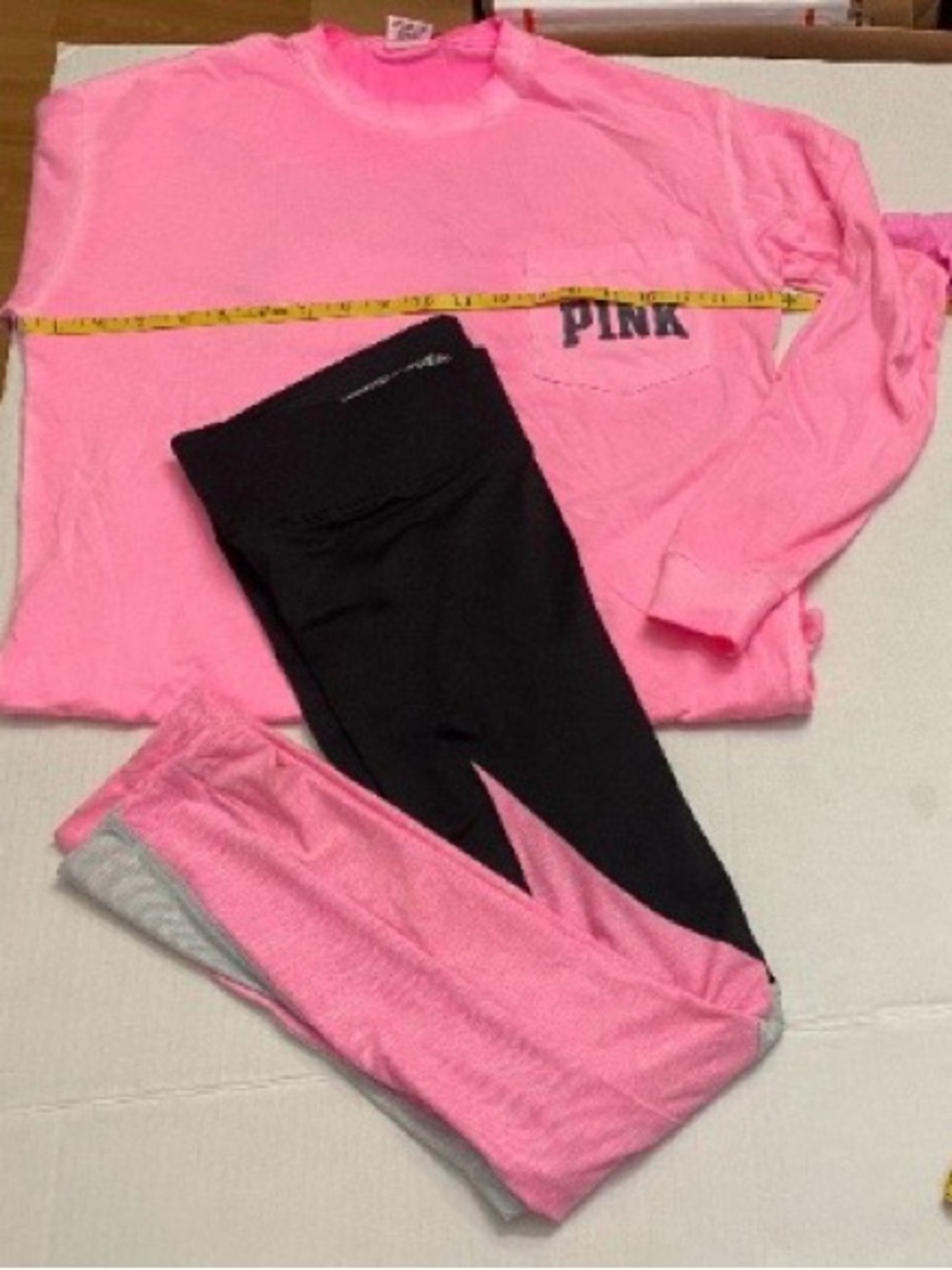 2017 VS Pink Yoga leggings & long sleeve dog logo tee - pink, black & gray